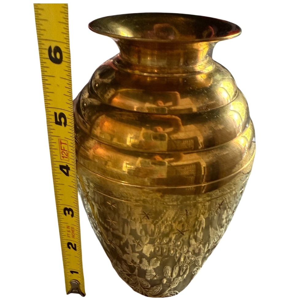 Vintage Etched Brass Vase Made in India Star Floral‎ Pattern Gold Tone 6 Inch